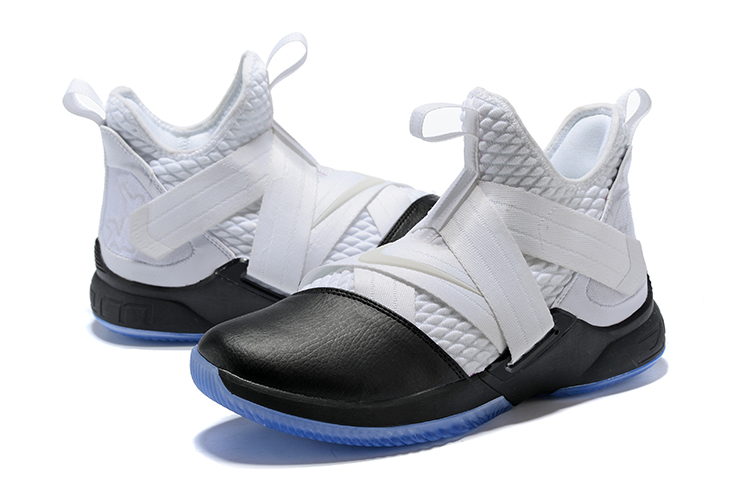 Men Nike LeBron Soldoer XII White Black Blue Shoes - Click Image to Close
